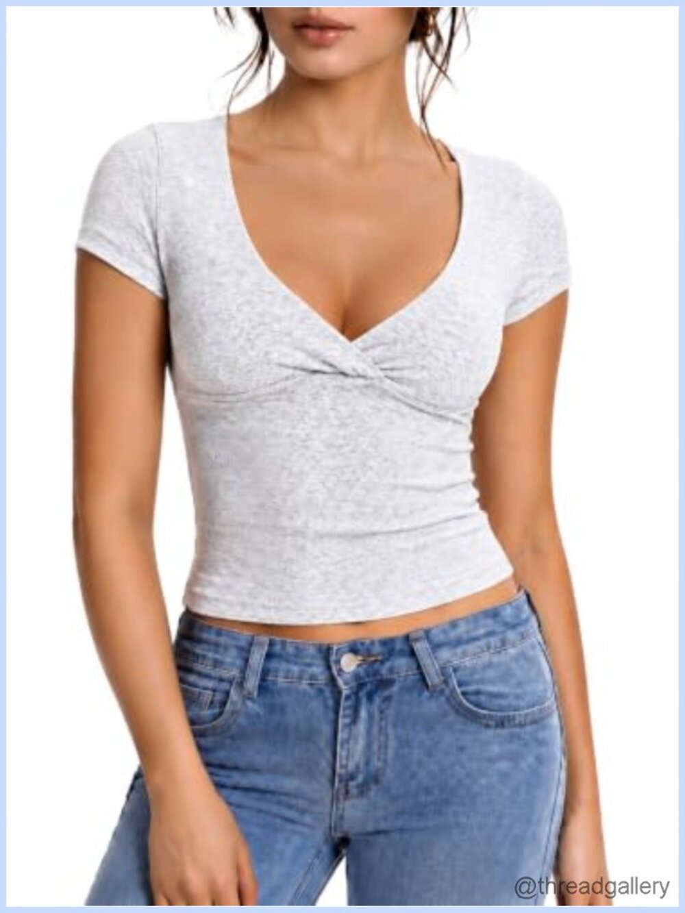 Ribbed Crossover V Neck Crop Top Short Sleeve Fitted Y2K Tee